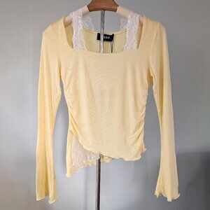 CIDER Asymmetrical Bell Sleeve Ruched shirt, Lace Tie Halter Top, Y2K, NEW XS